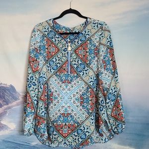Women's Blue and Red Long Sleeve Blouse